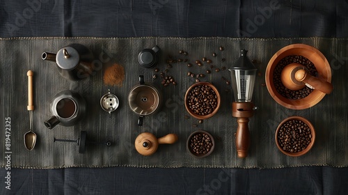 Fresh Coffee Beans and Brewing Essentials Flat Lay on Textured Tablecloth