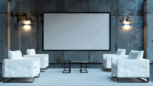 A sleek modern talk show set with white leather chairs and a large blank TV screen on a minimalist concrete wall, accented by subtle LED lighting. photo