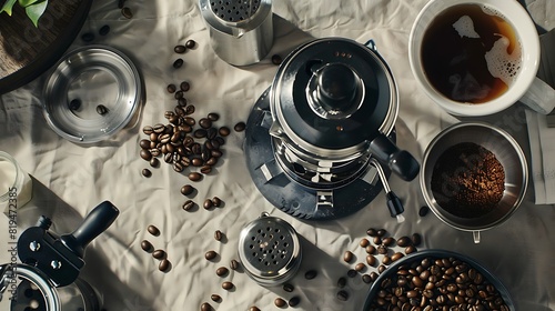 Coffee Lover's Delight: Artistic Flat Lay of Fresh Coffee Beans and Brewing Tools on Textured Tablecloth