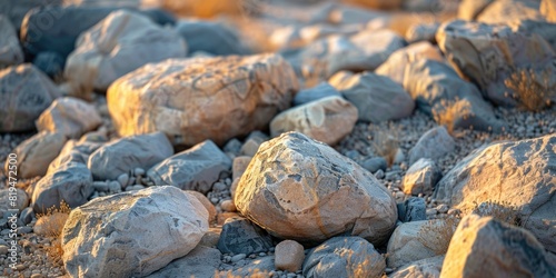 A close up of a pile of rocks in the desert with the sun shining on them. AIG51A.