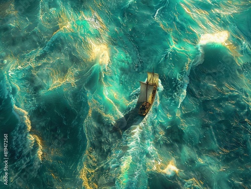 From above, Jason and the Argonauts sailing the Argo, glittering sea stretching out , vibrant color photo