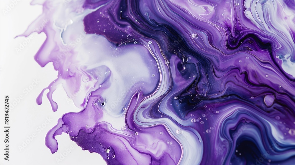 Vibrant abstract purple and white fluid art painting with swirls and waves.