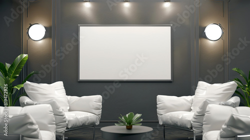 A stylish talk show interior featuring white leather chairs and a blank TV screen on a dark grey wall, with soft spotlighting and decorative plants.