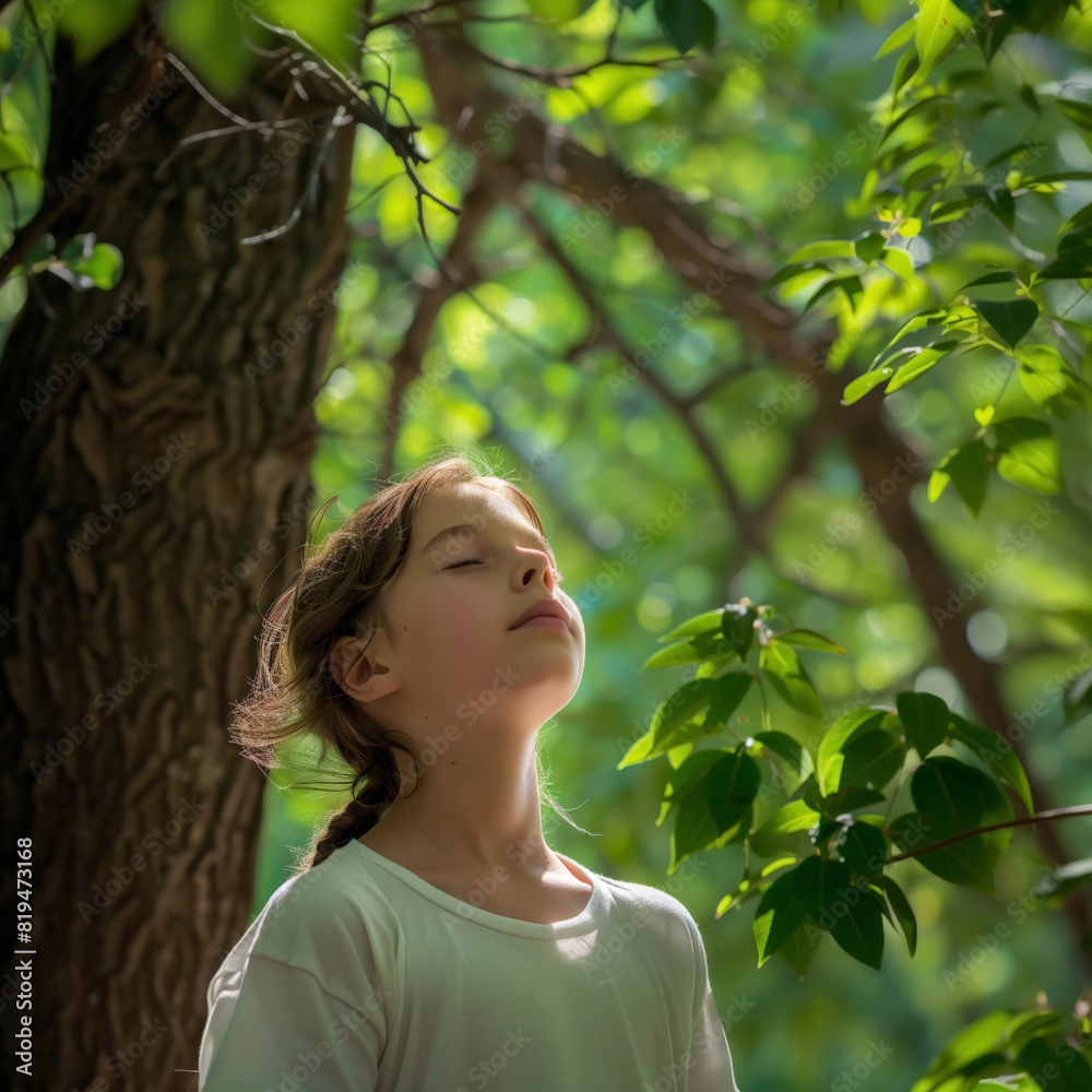 A young girl closes her eyes in a peaceful moment, surrounded by the bright, green leaves of a sunlit forest A young girl closes her eyes in a peaceful moment, surrounded by the bright, green leaves of a sunlit forest