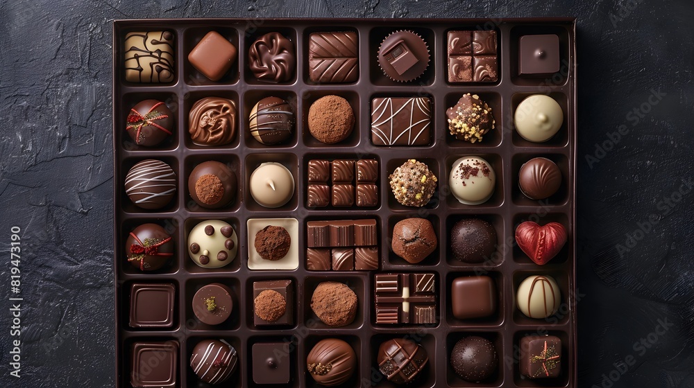 Top view of a chocolate box with various chocolates on a dark background, presented in a flat lay style.
Top view of a chocolate box with various chocolates on a dark background, presented in a flat lay style.