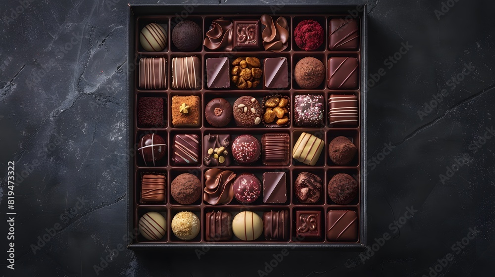 Top view of a chocolate box with various chocolates on a dark background, presented in a flat lay style.
Top view of a chocolate box with various chocolates on a dark background, presented in a flat lay style.