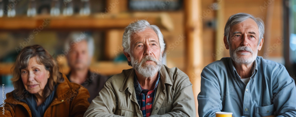 Three senior Caucasian adults attentively participating in a group workshop, engaged in learning and discussion