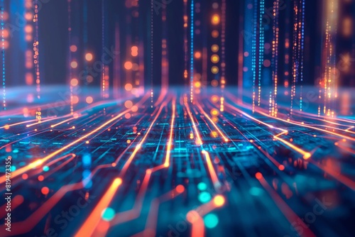 High-tech image of a circuit board with glowing red and blue paths, symbolizing data flow and electronic circuits