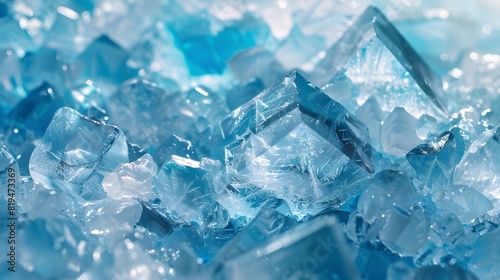 Ultrarealistic ice background, featuring a dense array of translucent blue and white crystals in various shapes, with a focus on the intricate details of each piece. 
