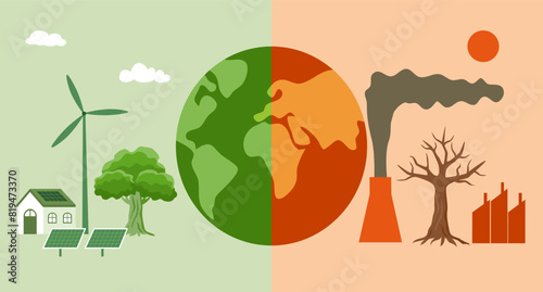 Global warming and climate change concept. Half world of polluted and green environment background. Ecology and environment concept vector illustration.