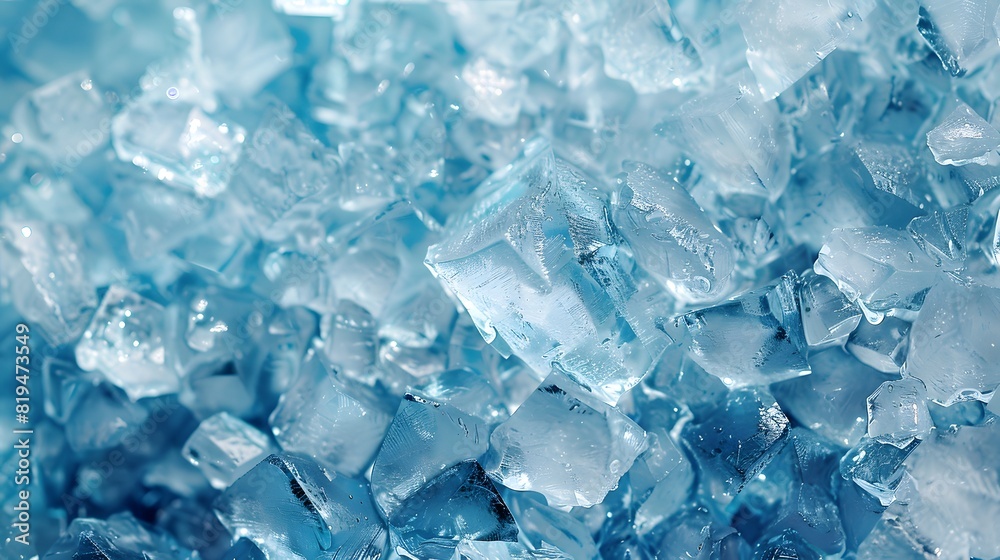 Ultrarealistic ice background, featuring a dense array of translucent blue and white crystals in various shapes, with a focus on the intricate details of each piece.
