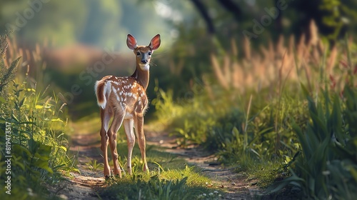 Attractive White tailed deer fawn witj hind on natural trail in north Wisconsin