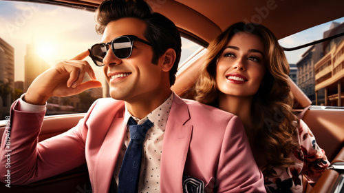 Happy Couple Sitting in Luxurious Car at Sunset, Stylish and Smiling