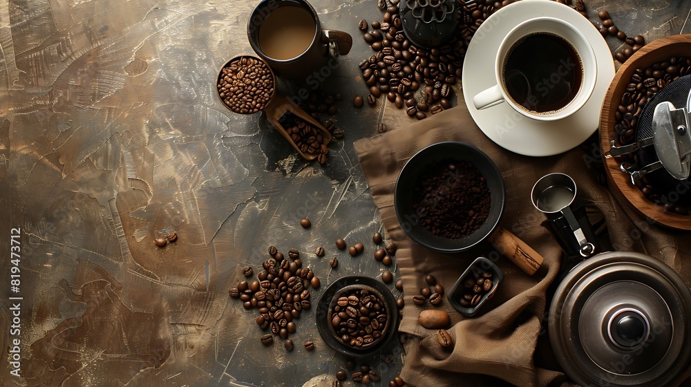 Coffee Lovers' Dream: Artistic Flat Lay of Coffee Beans and Brew Gadgets on Textured Tablecloth