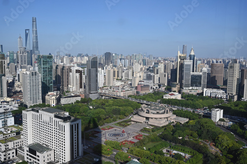 Panorama view of the Jing'An district in Shanghai, bird's eye view from a hotel lounge area photo