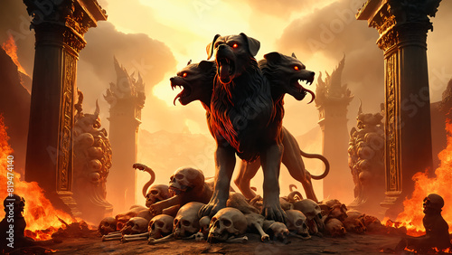 Cerberus, the three-headed guardian of the entrance to the underworld in Greek mythology.  photo