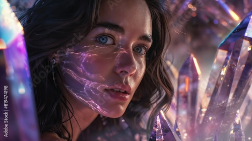 Portrait of Woman with Crystals and Reflective Lights Creating Magical Atmosphere