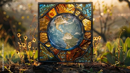 square stained glass panel with circular earth  pale colours with slub glass  minimalism