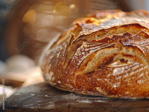 Artisanal sourdough bread, crusty loaf, warm kitchen background, closeup , hyper detailed