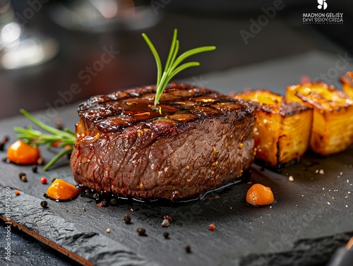 Labgrown steak, perfectly grilled, fine dining ambiance, elegant plating , high resolution