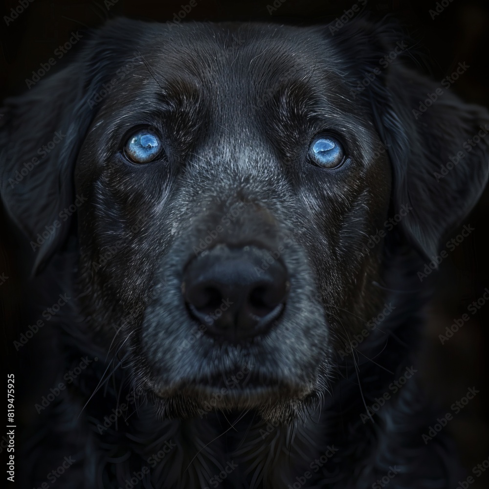 Middle-aged dog, blue eyes, black fur, realistic photo