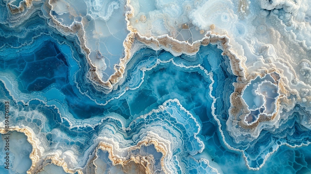 Above the Dead Sea, salt formations, contrasting blue and white , vibrant color