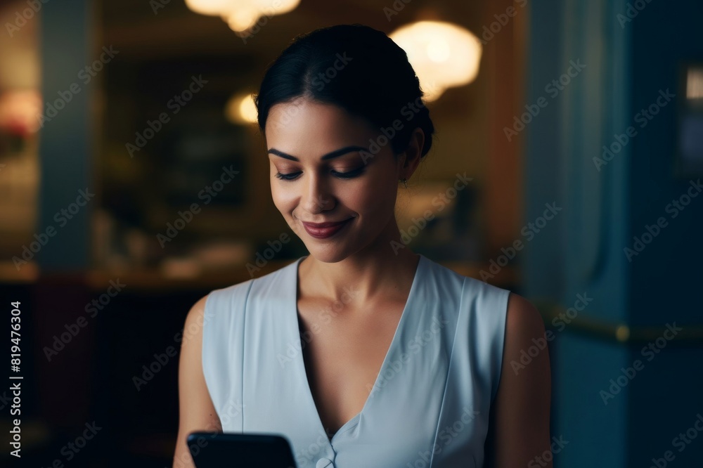 smiling businesswoman using mobile phone in the restaurant
