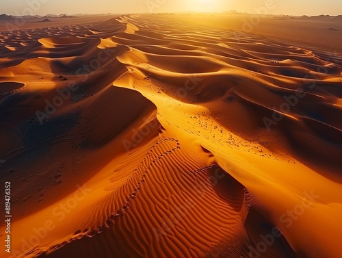 Flying over the Sahara Desert, vast dunes, shadow play at sunset , Stable Diffusion photo