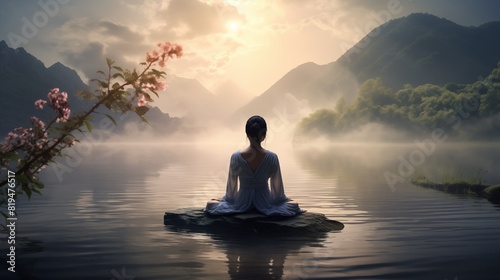 A Chinese woman meditating by a tranquil lakeside