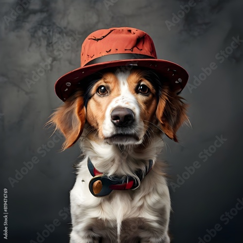 colorful dog sitting with hat on