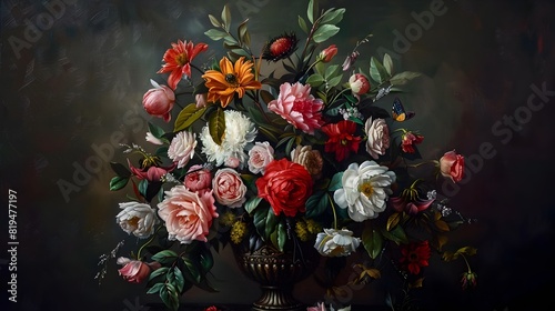 Captivating Baroque Inspired Floral Arrangement in Antique Vase Against Dark Backdrop