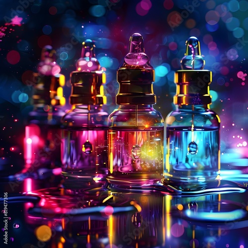 Futuristic Glowing Vials of Time Reversing Serum in Vibrant Watercolor Splash on Dark Background
