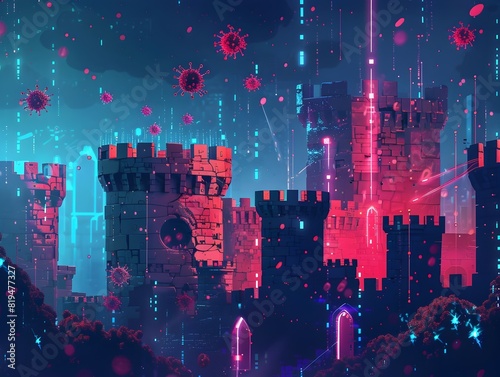 Glowing Fortress under Neon Lit Stormy Skies