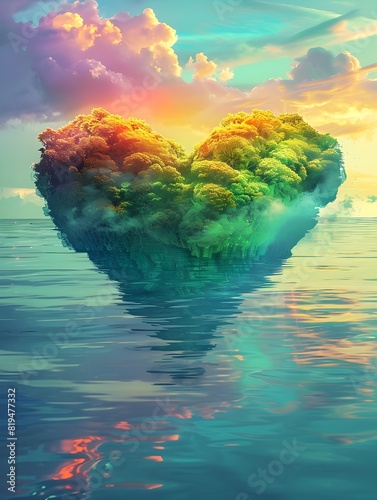 Heart Shaped Tropical Island with Rainbow Hued Seascape in Surreal Digital Painting Style