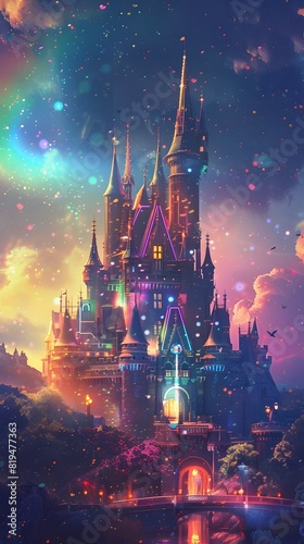 Majestic Neon Lit Castle with Magical Creatures Celebrating in a Breathtaking Fantasy Landscape