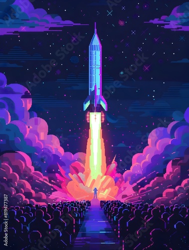 Neon Fueled Rocket Soars Through Starry Skies with Digital Spectators in Pixel Art Splendor