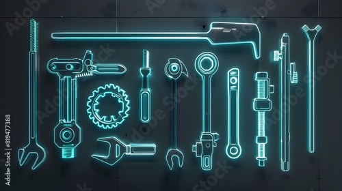 Neon Outline of Futuristic Construction Tools Floating on Black Background