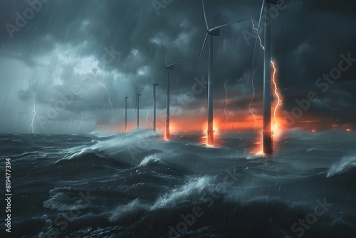 Offshore Wind Turbines During Stormy Weather with Dramatic Lightning and Safety Systems