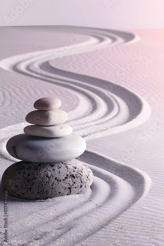 Zen Inspired Minimalist Garden with Raked Sand and Smooth Stones in Serene Pastel Tones