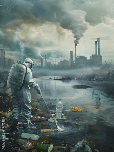 Worker in Protective Gear Cleaning Polluted River with Advanced Nanotechnology Visibly Gathering Waste