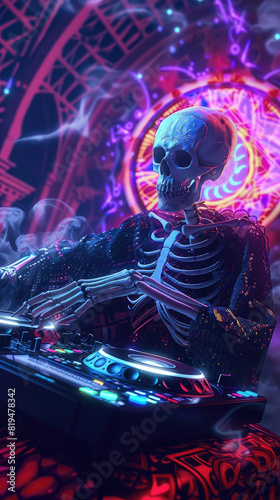 DJ necromancer, skeleton visage, spinning tracks under a kaleidoscope of aureolas