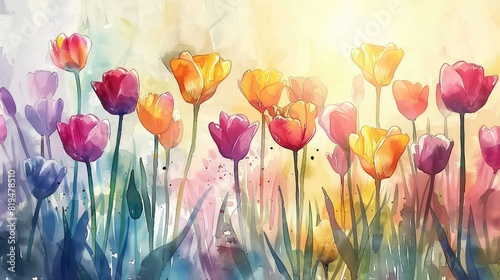 Artistic watercolor rendition of a sunlit field of tulips in shades of red, orange, yellow, and purple 