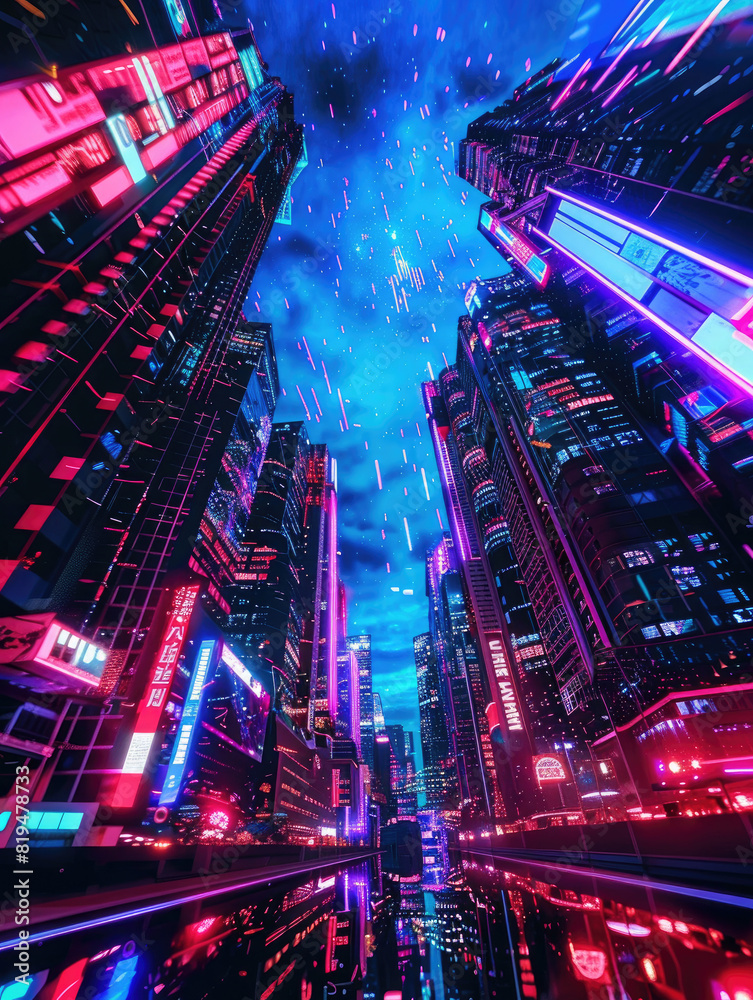 Galaxies and skyline blend in neon hues, a stylized vision of milleniwave