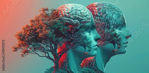 3d rendering of three human heads with brain and tree  concept illustration for mental health or mutant materials on pastel background. vector design. high detail  ultra realistic photography