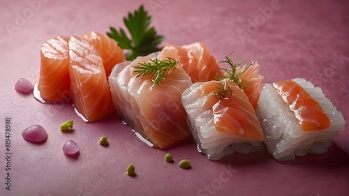Variados ángulos de filetes de salmón, sashimi aislado with fondo rosa artistico con tonalidades, lonja de pescado de lujo photo