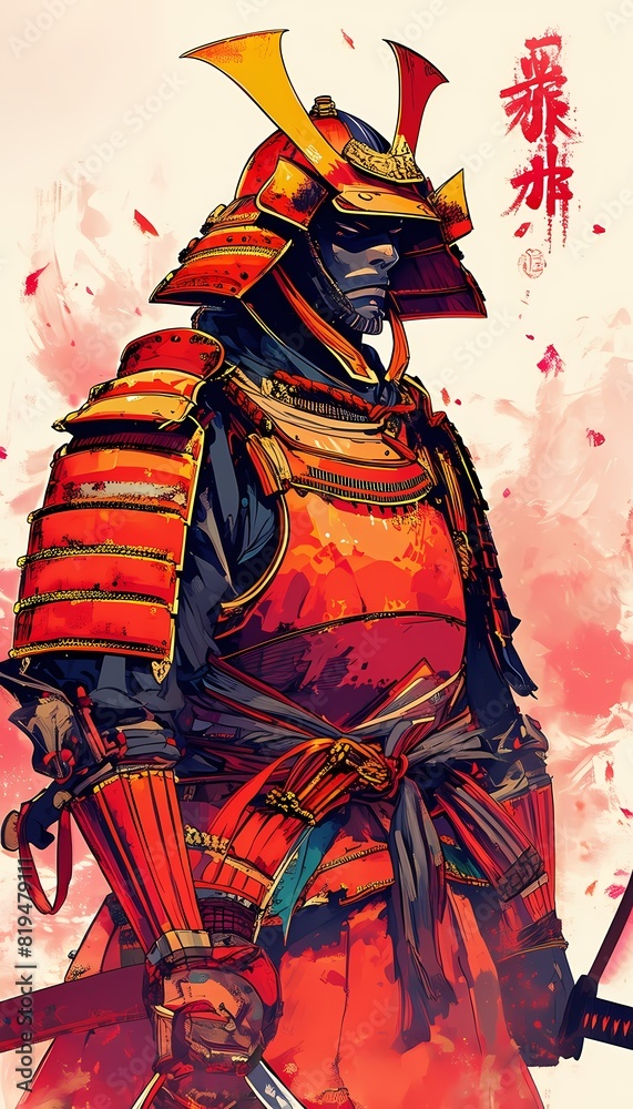 Samurai in Full Armor, with Vibrant Colorful Color