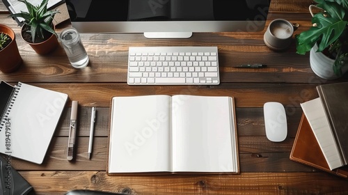 Modern table with open empty blank notebook organizer with pen for planning work and computer photo