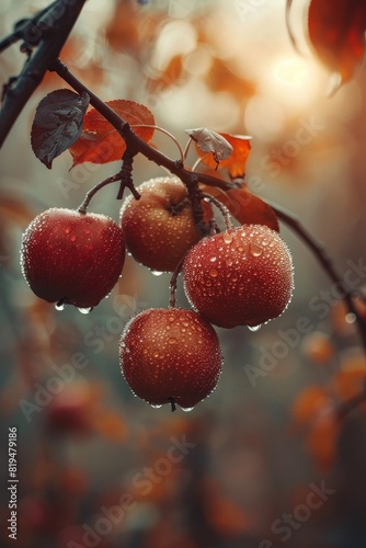 Fototapeta Naklejka Na Ścianę i Meble -  At sunrise, low-hanging fruits adorn the apple tree branch, bathed in soft light with visible dew drops