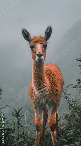 Awana Kancha, Peru showcasing native llamas against Andean mountains, soft morning light photo