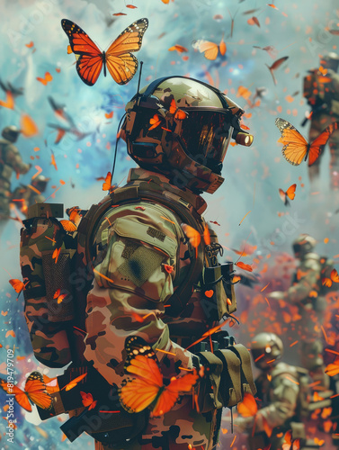 Sci fi soldiers and butterflies merge in hyper realistic surveillance of galaxies